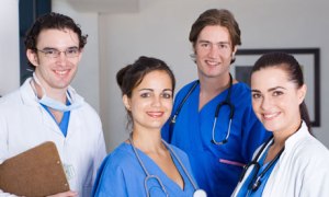 group of young doctors and nurses in hospital